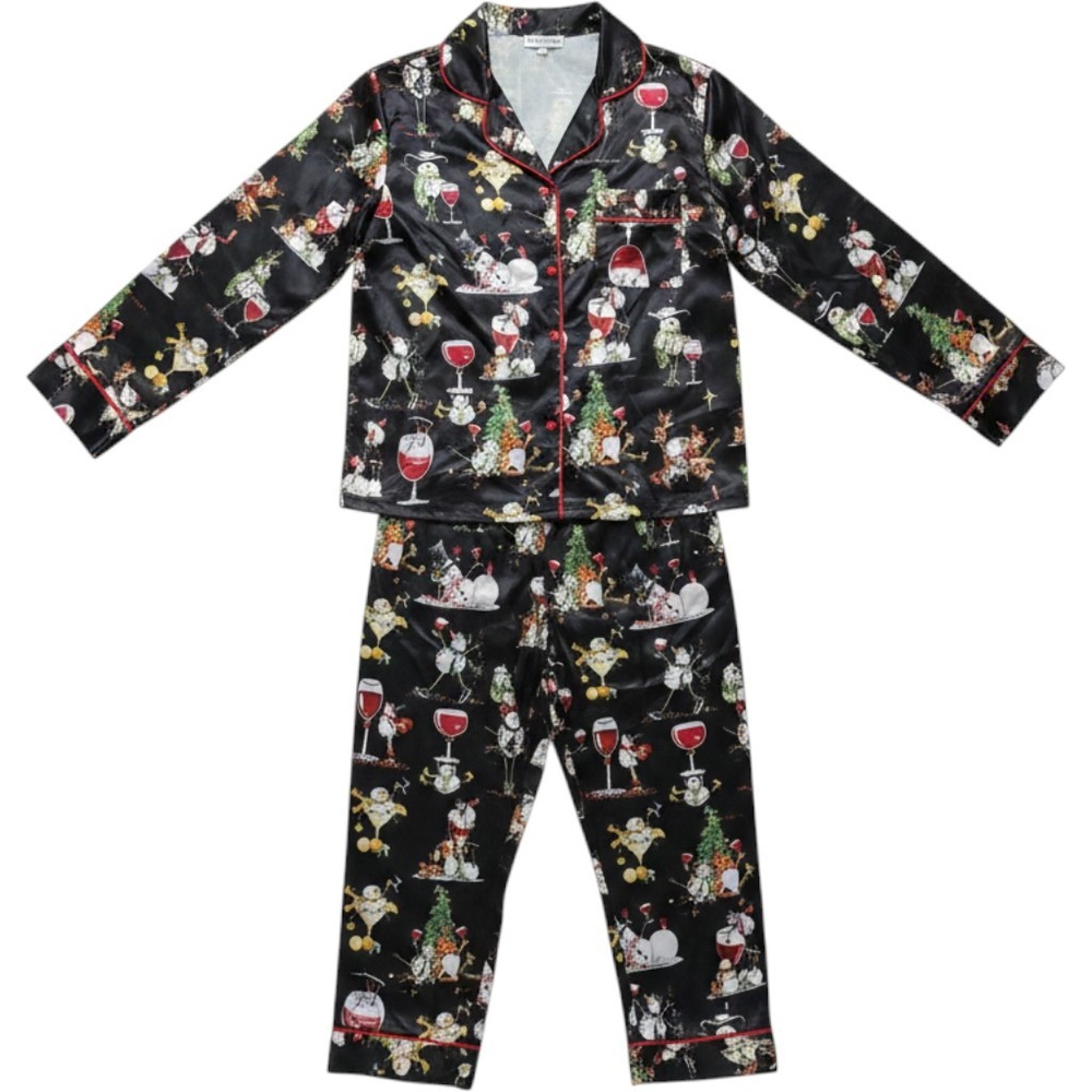 Sheshow Womens Christmas Satin Pajama Set Snowman Wine Glass Black Red Large